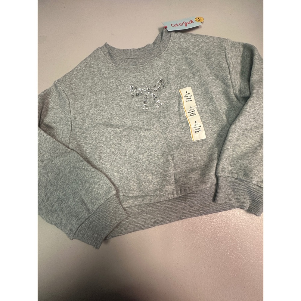 Cat & Jack Girls Heather Gray Rhinestone Bow Relaxed Sweatshirt Size S 6-7 NWT